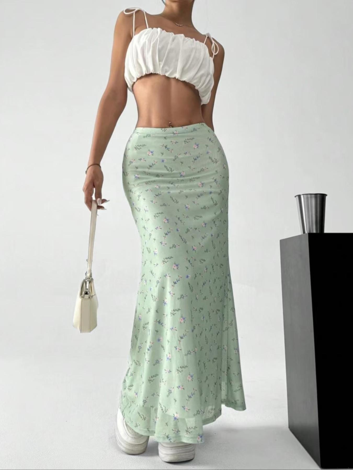 Women's Ditsy Floral Print Fish Tail Hem Skirt, Boho Fashion Long Skirt for Daily Holiday Vacation Wear, Ladies Bottoms for Summer