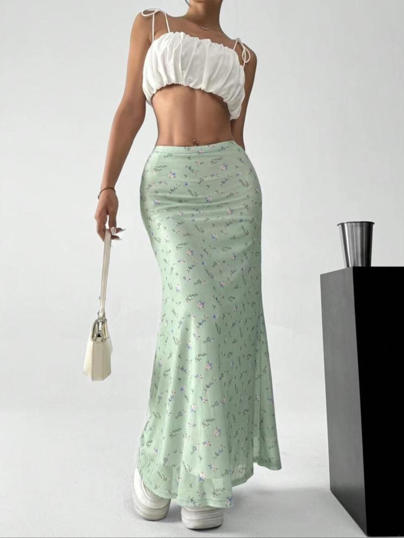 Women's Ditsy Floral Print Fish Tail Hem Skirt, Boho Fashion Long Skirt for Daily Holiday Vacation Wear, Ladies Bottoms for Summer