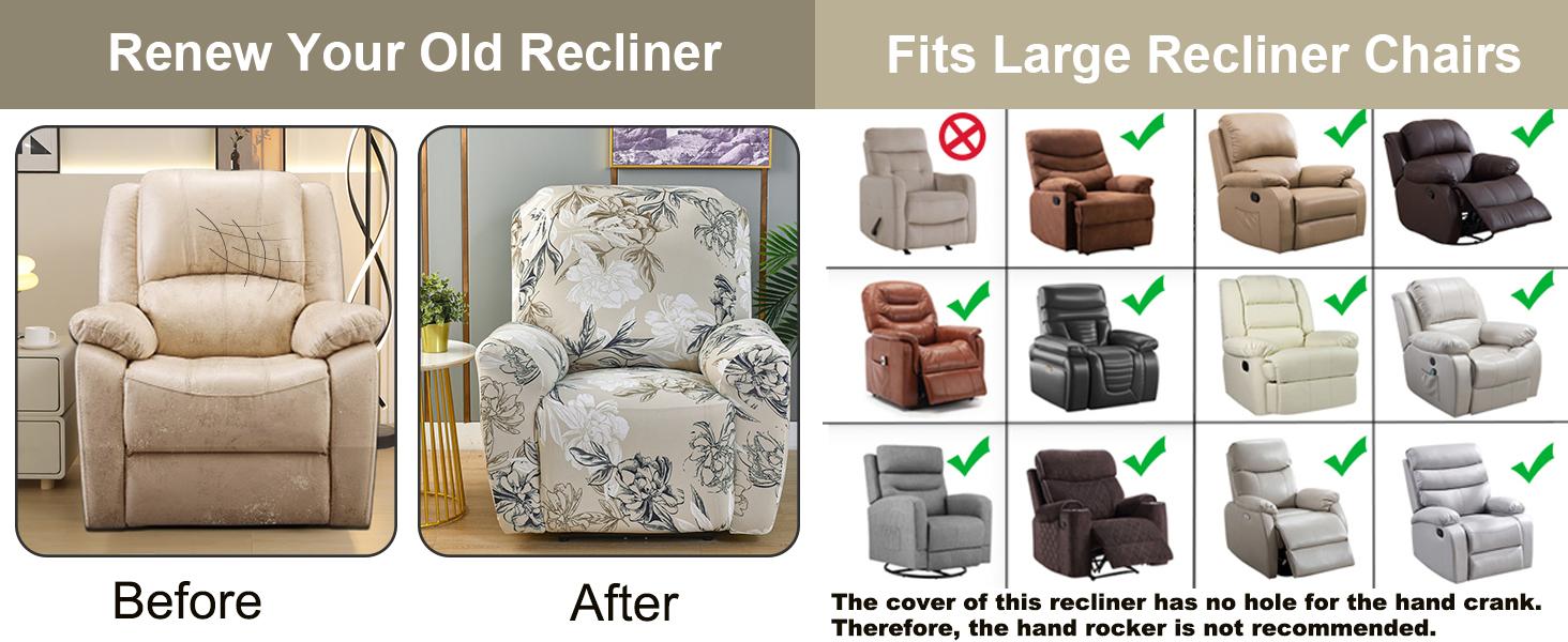 Stretch Recliner Cover 4 Pieces Printed Lazy Boy Chair Covers Floral Patterned Recliner Sofa Slipcover Anti-Slip Fitted Furniture Protector with Elastic Bottom, A3