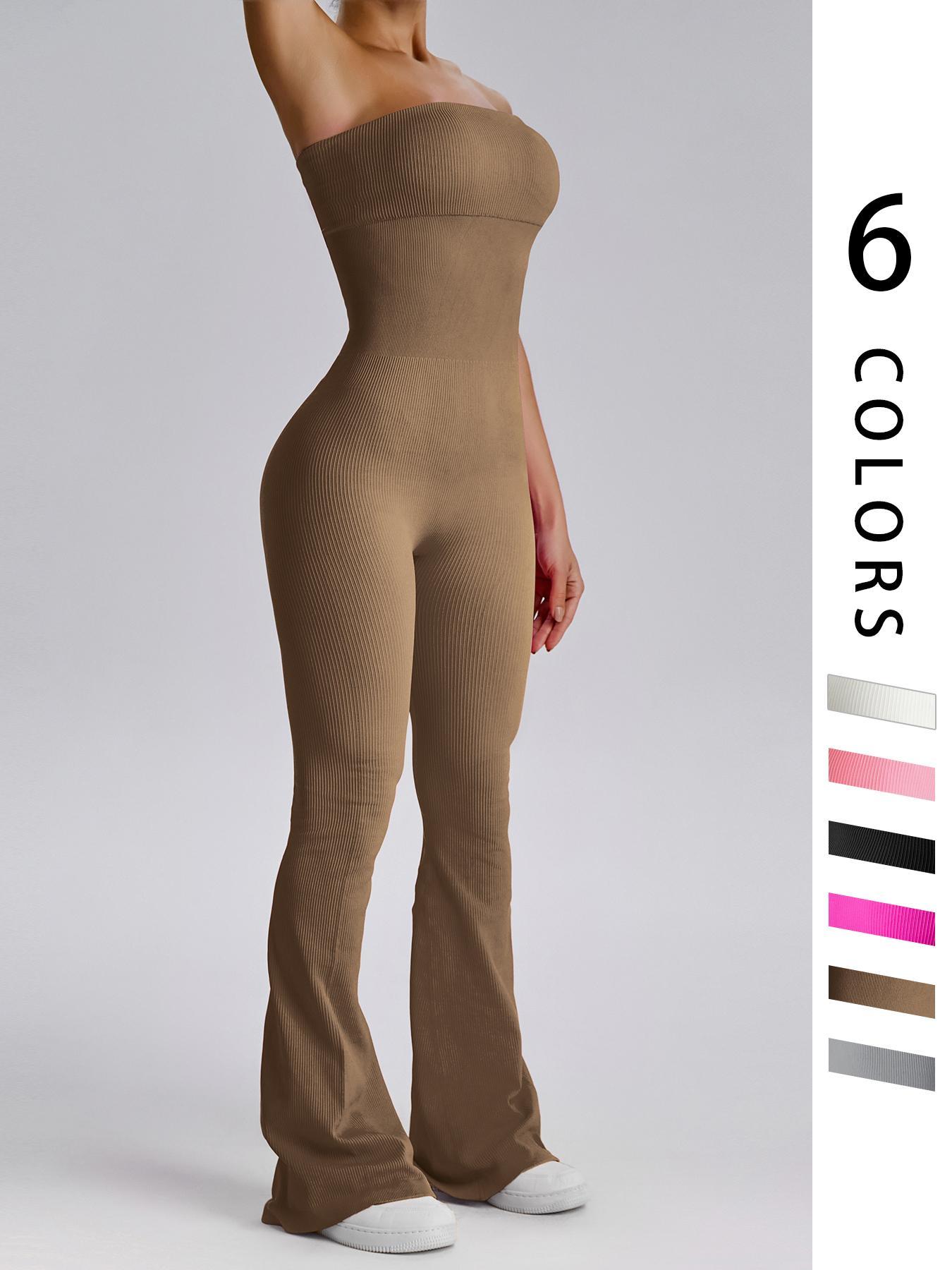 Women's Sexy Yoga Ribbed One Piece Tube Jumpsuit Rompers Flared Trousers Tights Push-up Sports Bodysuit Women Fitness Suit Workout Sportswear Gym Sportswear Jumpsuits