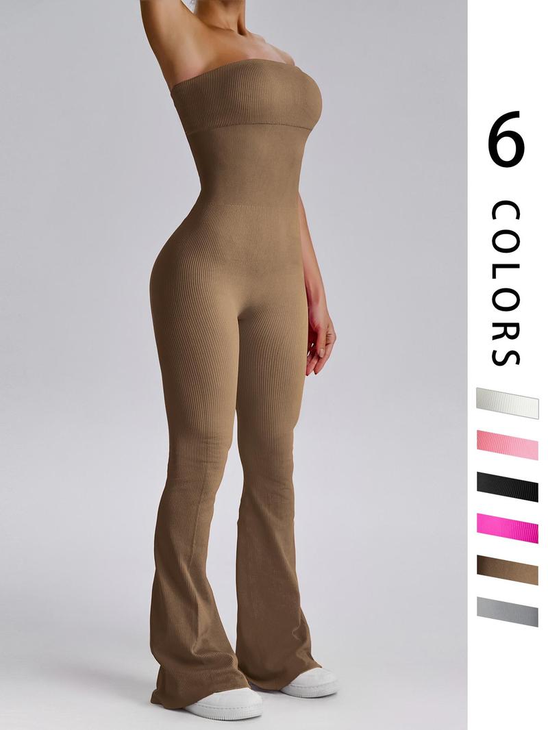 Women's Sexy Yoga Ribbed One Piece Tube Jumpsuit Rompers Flared Trousers Tights Push-up Sports Bodysuit Women Fitness Suit Workout Sportswear Gym Sportswear Jumpsuits