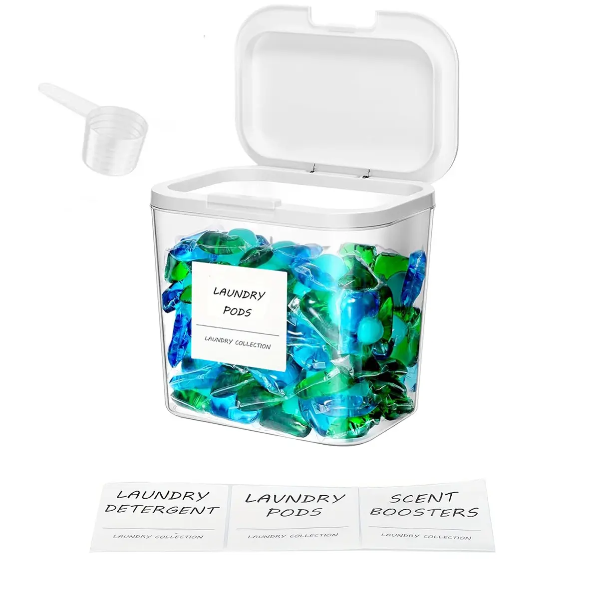 Laundry Pod Container with Pop-up Lid Compact Laundry Room Storage Container for Detergent Pods  Laundry Powder Scent Booster Container with Scoop