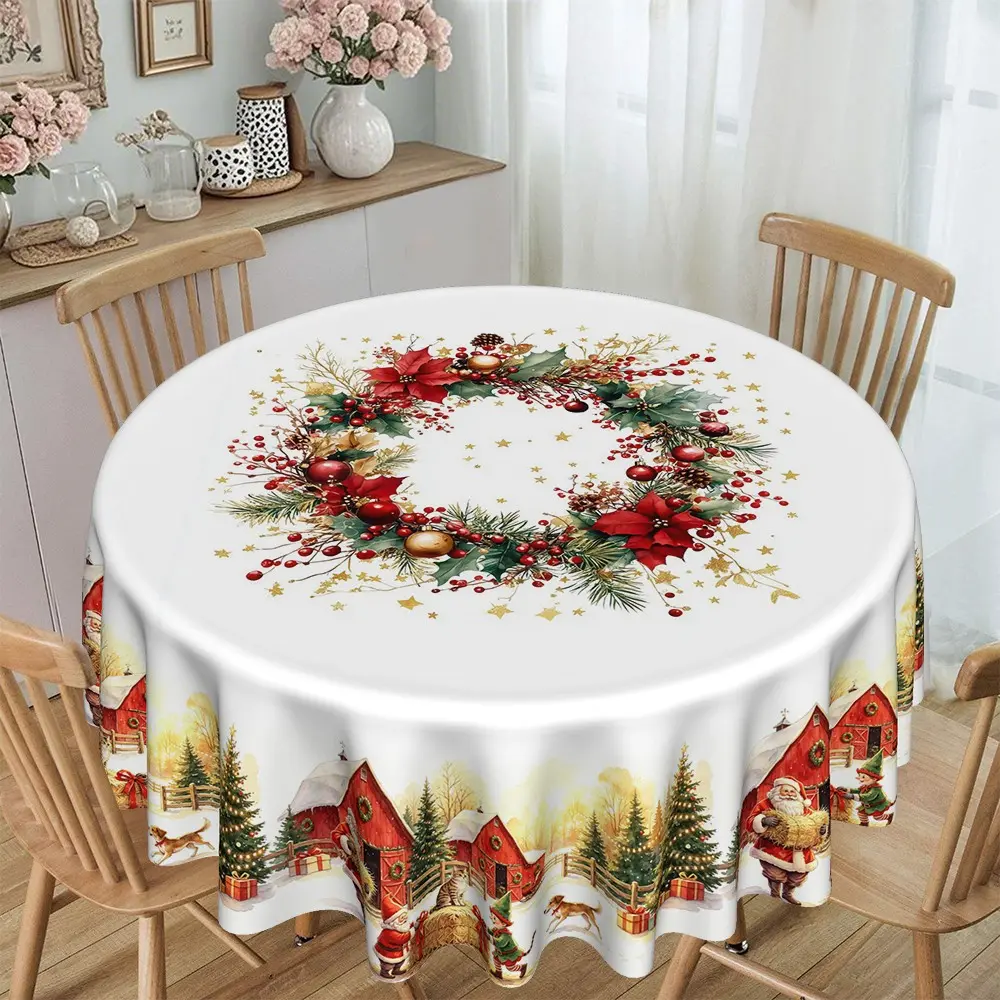 Merry Christmas Round Tablecloth, Santa Snow Scene Print, Kitchen Restaurant Decor, Furniture Protector, Party Decoration, Hotel Home Use