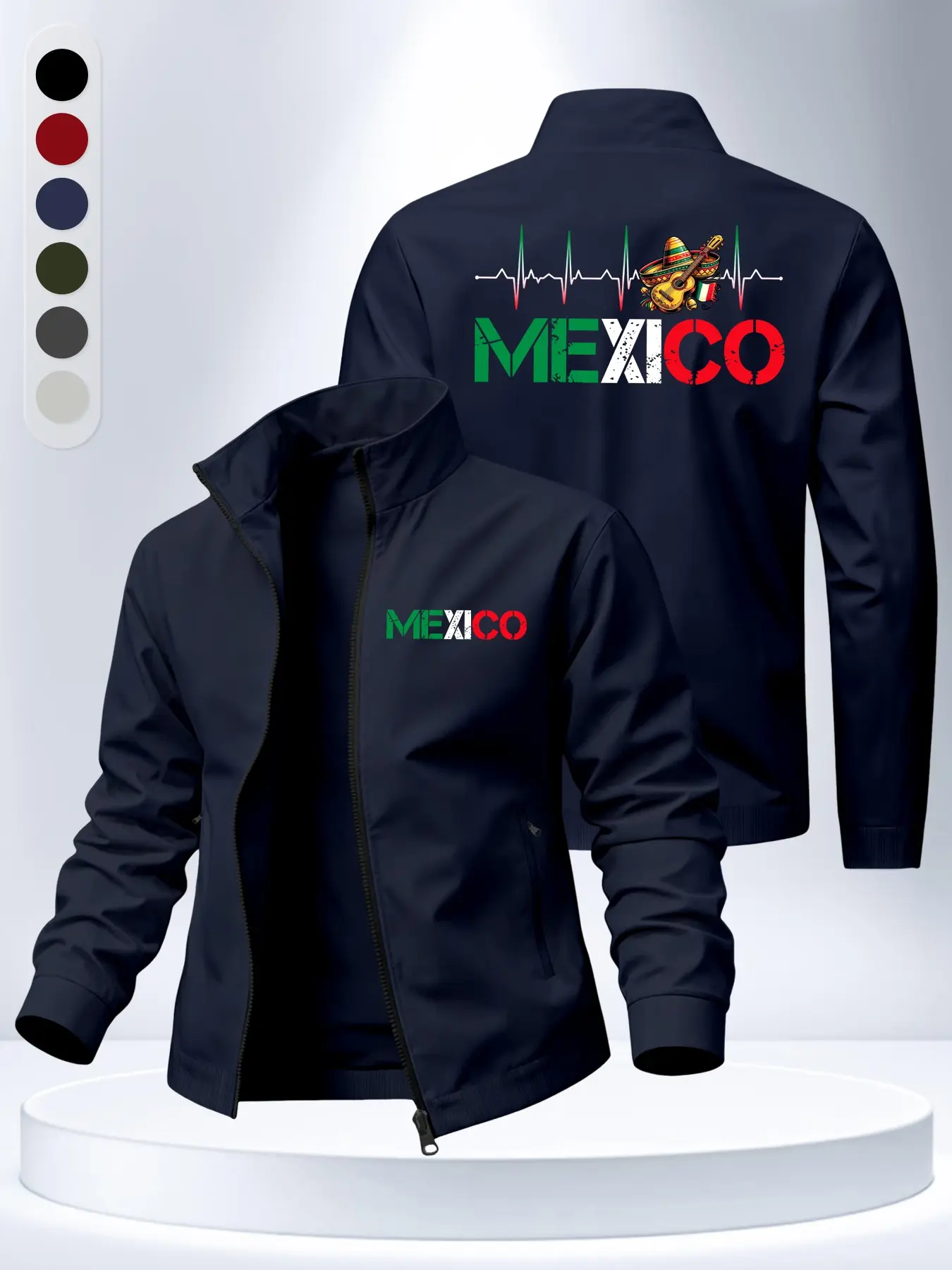 Mexican Culture Men's Stand Collar Long Sleeve Jacket, Straw Hat Guitar Ecg Print, Side Hidden Zip Pocket, Casual Sport Coat, Fall & Winter Fashion