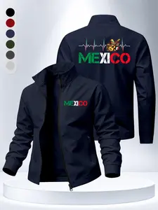 Mexican Culture Men's Stand Collar Jacket, Straw Hat Guitar Ecg Print, Side Hidden Zip Pocket, Casual Sport Coat, Fall & Winter Fashion