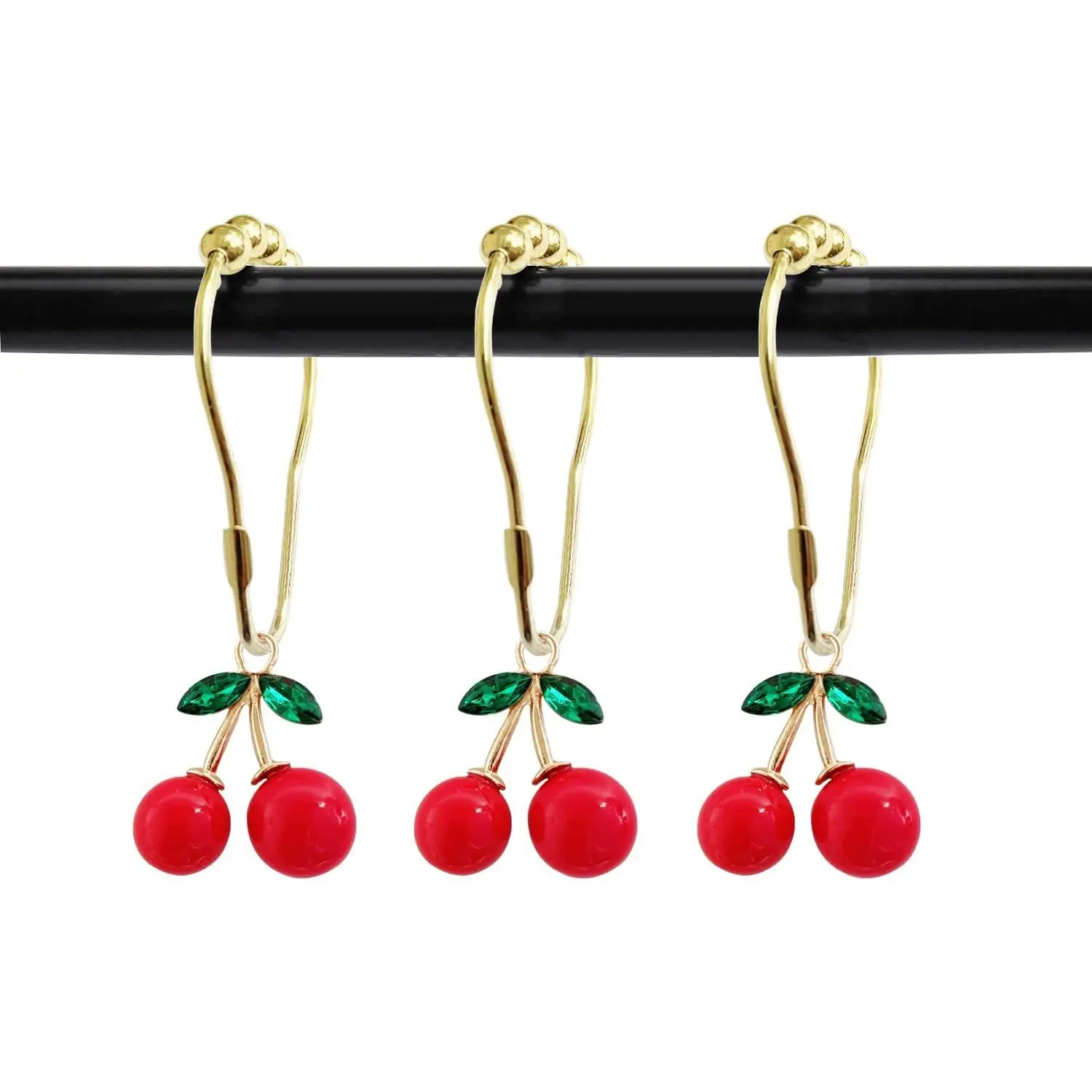 Set of 12 Cherries Shower Curtain Hooks Rings, Red Cherry Pendant Decoration, Fruit Style for Kids Bathroom, Stainless Steel Hooks Rustproof (Red-Cherry)