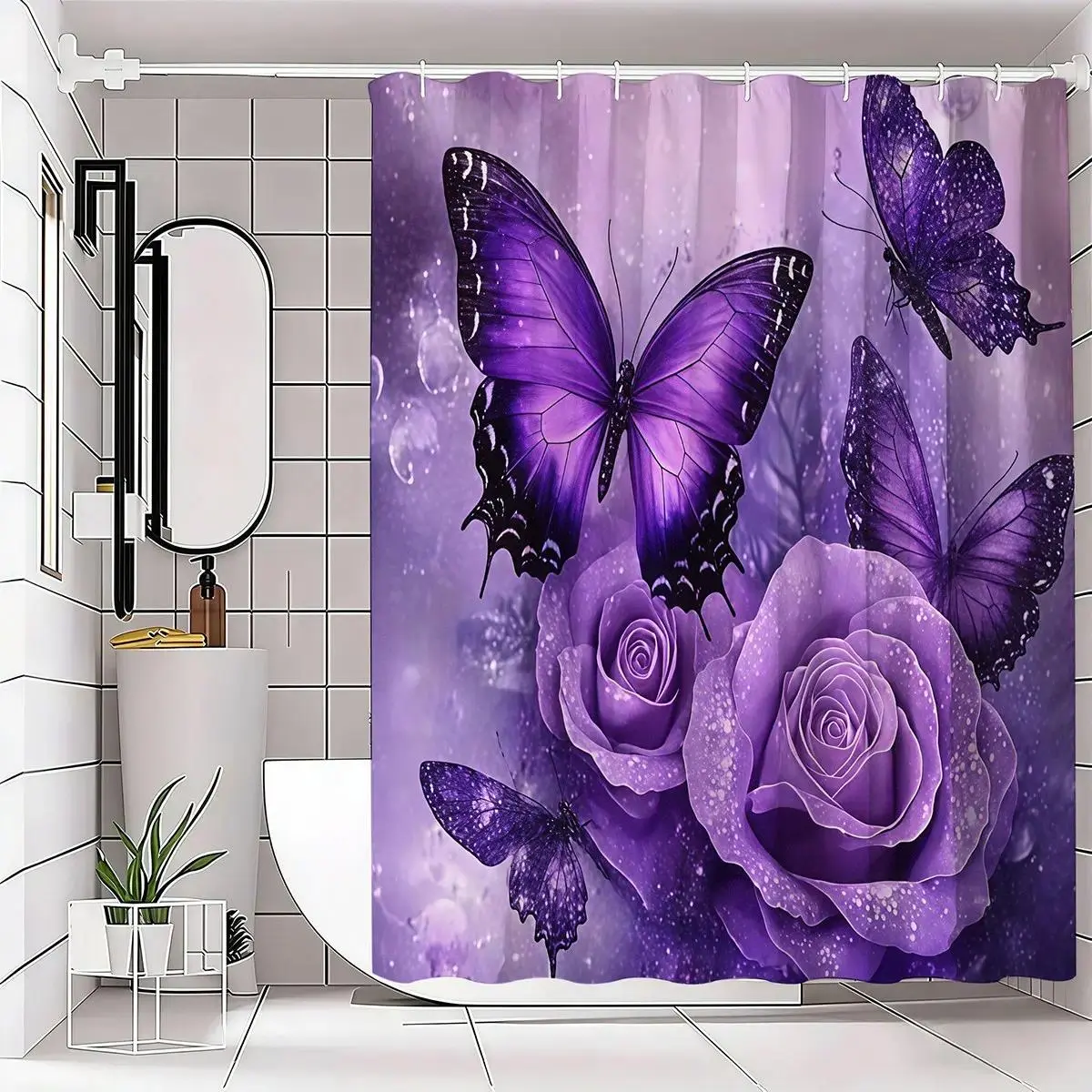 Purple Butterfly Graphic Waterproof Polyester Shower Curtain Set (1/4pc) - Bathroom Accessories with Non-Slip Mat, U-Shaped Rug, Toilet Seat Cover, 12/24 Hooks, Easy Installation, Shower Curtain Art for Decoration & Partitioning