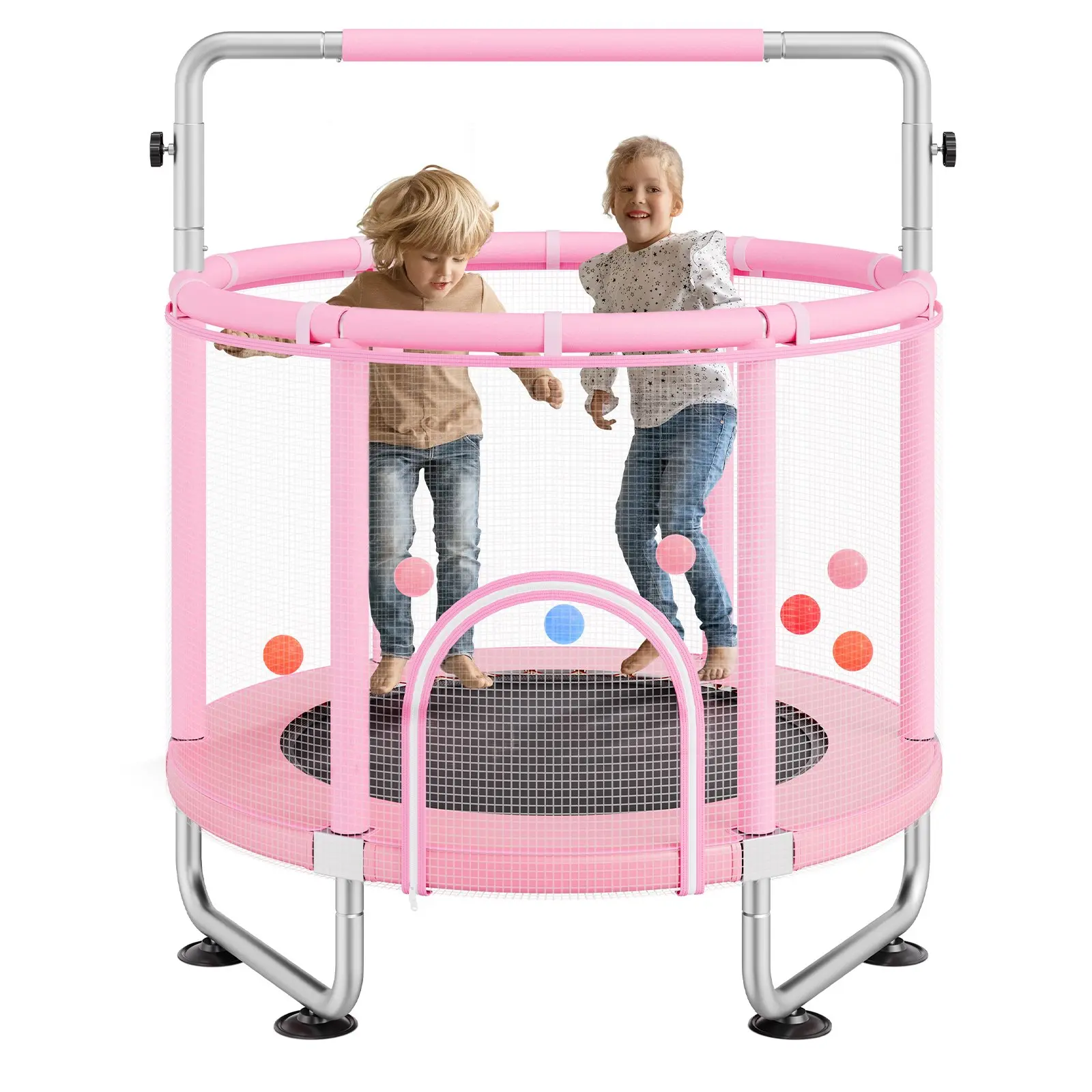 VEVOR 55" Kids Trampoline, 4.6FT Indoor-Outdoor Mini Toddler Trampoline with Safety Enclosure Net (Safety Net), Basketball Hoop, Pink Birthday & Christmas Gift for 3+ Years Children