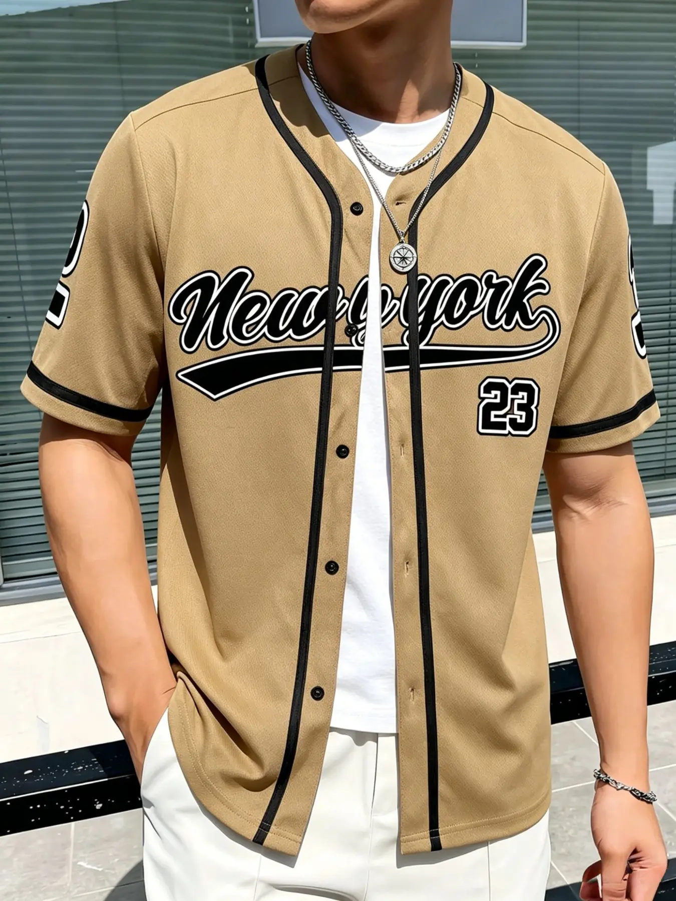 Men's Full-Button Baseball Jersey, Casual Sports Jersey, New York 23 Letter Print Short Sleeve Top, Casual Sporty Top, Casual Loose-Fitting Long Shirt, All over Print Design