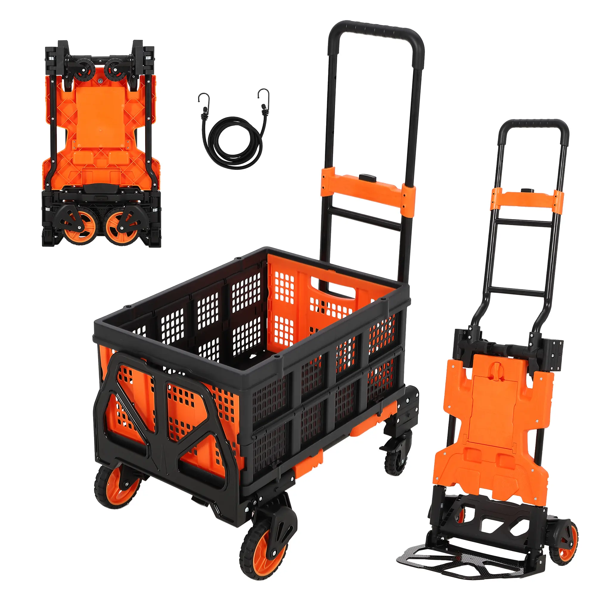 Heavy Duty Folding Hand Truck – 330 lbs Capacity Dolly Cart with Basket, Portable Trolley, Rubber Wheels, Retractable Handle, Bungee Rope for Moving, Office, Luggage