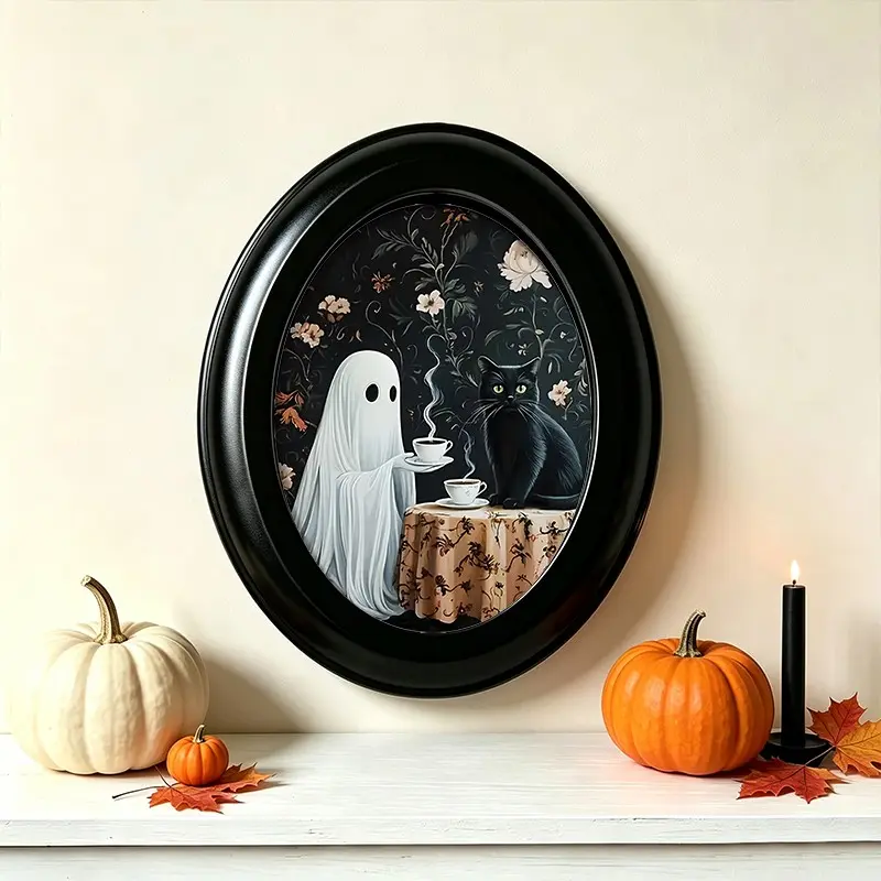 Gothic Halloween Wall Art Frame, Ghost Cat Design, Oval Shape, 6.8x8.7 Inches, Retro Style, Home Decor, Photo Frame