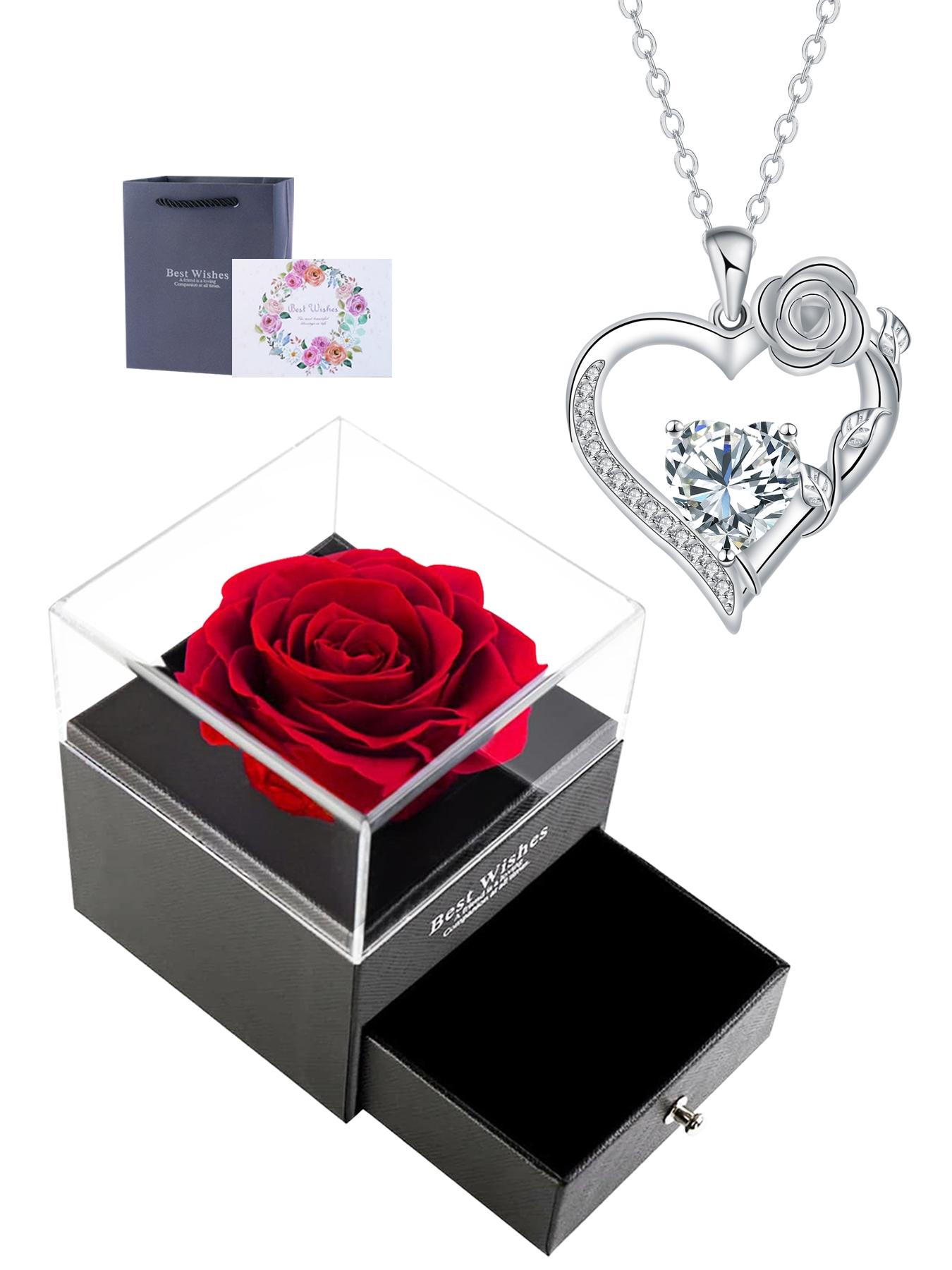 Rose Flower Heart Pendant Necklace With Rose Jewelry Gift Box, Love Heart Necklace, Anniversary Birthday Gifts for Women Mom Wife Her, Mother's Day Jewelry Gift for Mom