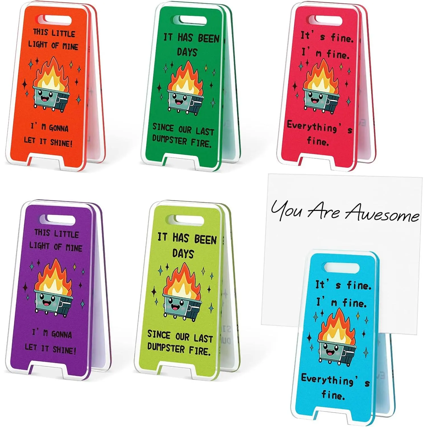 6 Pack Synthetic Colorful Dumpster Fire Desk Sign Holders with Funny Slogans, Overprint Sticky Note Stands with Clips, Funny Employee Gifts, Overstimulated Office Decor, Workspace Paper Organizer for School