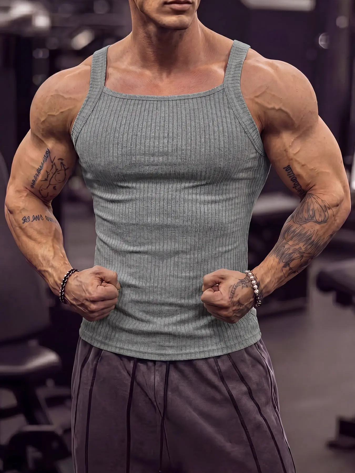 Men's Solid Ribbed Knit Square Neck Vest, Fashion Slim Fit U-Neck Sleeveless T-Shirt, Classic Minimalist Sports Top, Lightweight Casual Men's Tank for Summer Daily Wear, Home Gym Training and Casual Sports, Classic Versatile Menswear