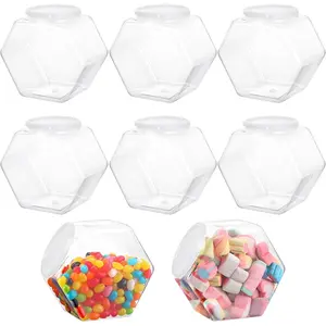 8 PCS Clear Plastic Candy Jars with Lids, 30 OZ Hexagon Reusable Storage Jars for Kitchen Counter, Great for Storing Snacks Cookies Dog Treats Coffee Pod Candy Buffet