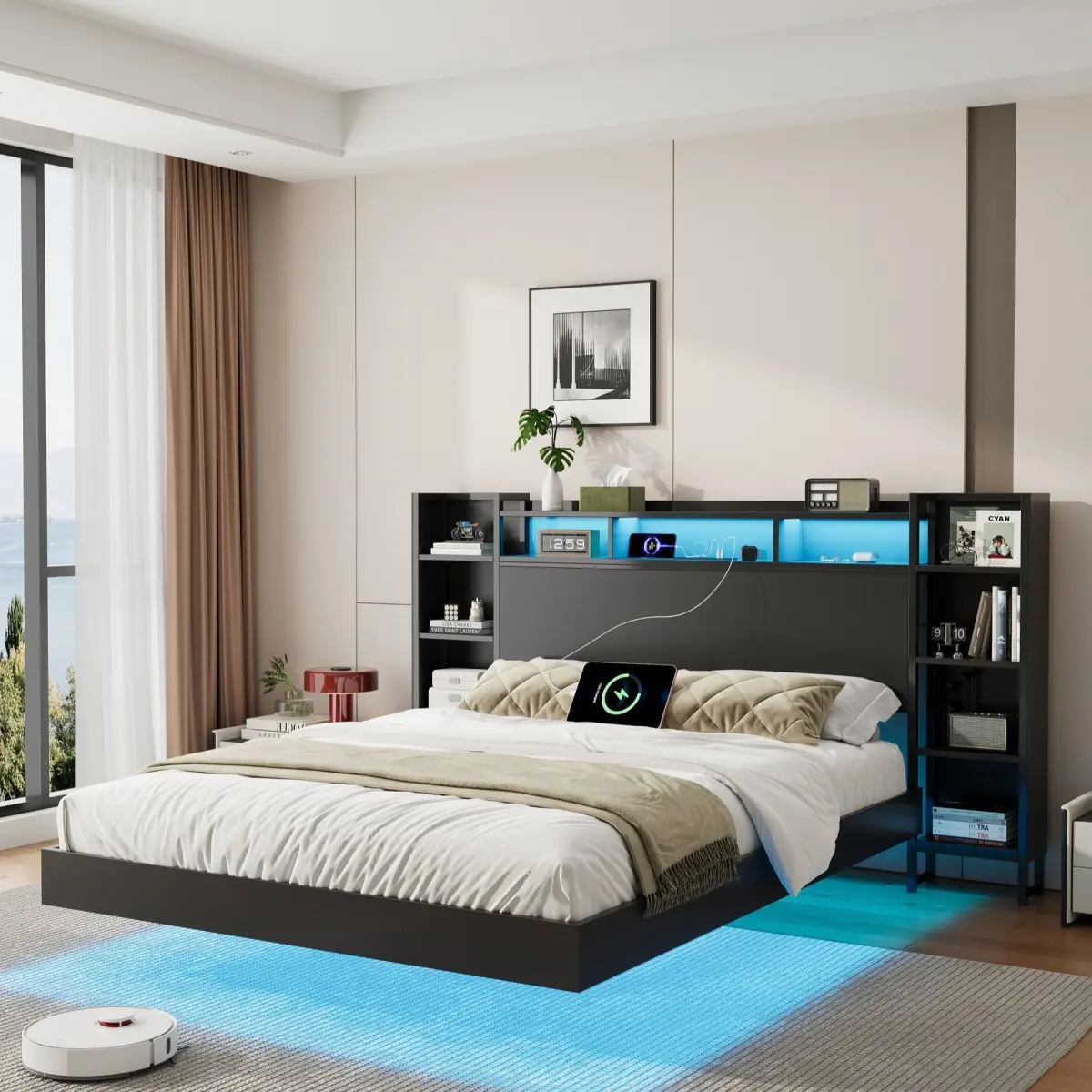 Durable MDF + Metal Heavy-Duty Floating Bed Frame - King/Queen Size, RGB LED Light, Hidden Storage Headboard, USB Port, No Box Spring Needed, Assembly Required, Black Modern Bedroom Furniture (Built-In LED Bed Frames, Storage Solutions)