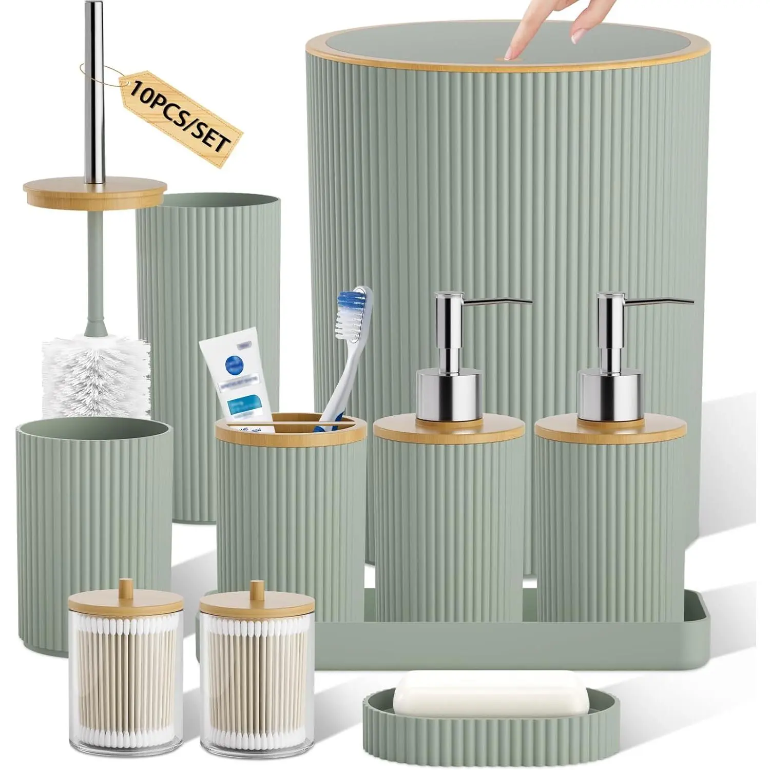 10PC Bathroom Accessories Set - Sage Green Bathroom Sets, Bathroom Accessory Set with Pop Up Trash Can, Toilet Brush, Trash Can, Qtip Holder & Soap Dispenser
