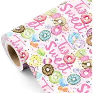 WRAPAHOLIC Two Sweet 2nd Birthday Wrapping Paper Roll - Mini Roll - 17 Inch × 16.5 Feet - Pink Candy and Donut Wrapping Paper Kids Girls Birthday, Baby Shower
