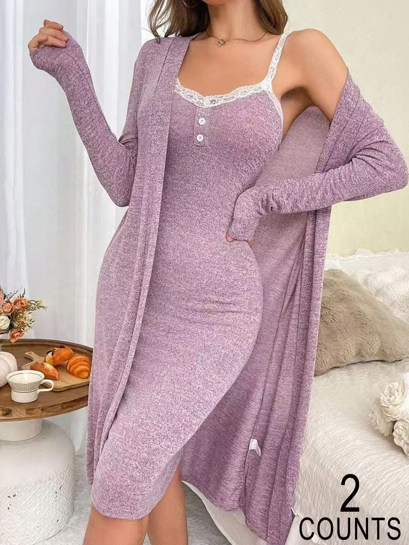 Cherrylem Women's Elegant Colorblock Lace Sleepwear Set, Long Robe and Pajama Combo, Four-Season Casual Clothing Series