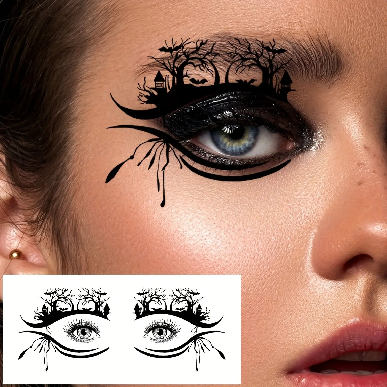 10 Halloween Eye Tattoos, Skull Pumpkin Cat Bat Spider Web Designs, Festive Temporary Face Makeup Stickers for Halloween Party Fun