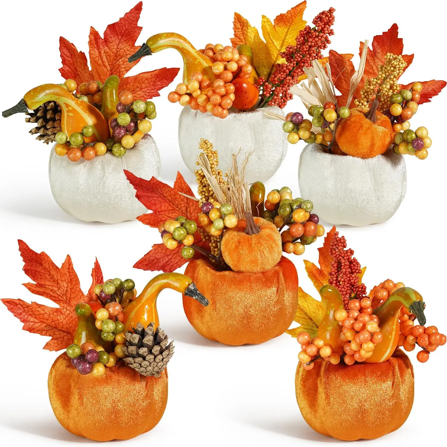 Set of 6 Artificial Pumpkins Decorations Decorative Fabric Orange Pumpkin with Maple Berry Acorn Pine Cone for Fall Thanksgiving Harvest Party Home Tabletop
