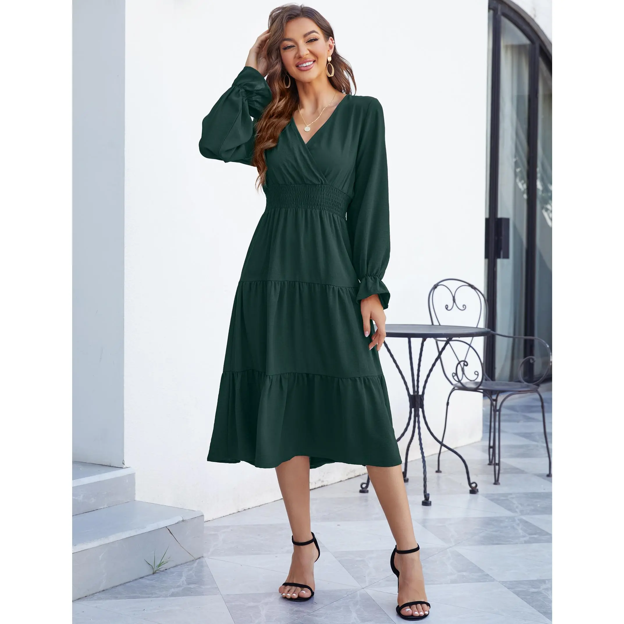 YF Women V Neck Smocked Waist Tiered Midi Dress, Long Ruffle Sleeve A-Line Flowy Dress, Elegant Casual Fall Winter Dress for Wedding Guest Party Daily Wear, Dark Green Burgundy Multi Sizes
