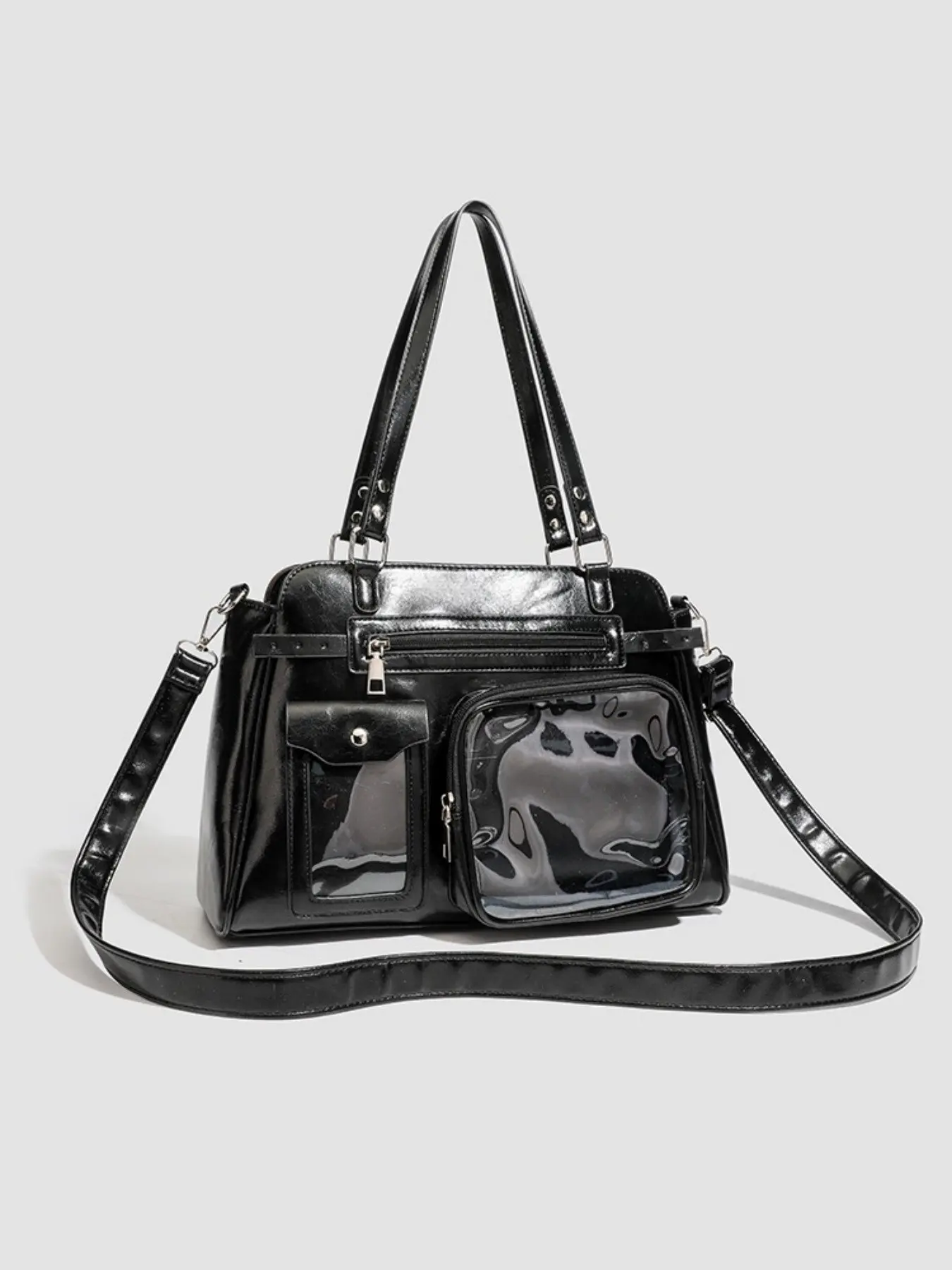Vintage Punk Satchel Bag, PU Leather Patchwork Design, Rivet and Metal Ring Details, Embellished Shoulder Bag, Versatile Crossbody Bag, Perfect for Gifts
