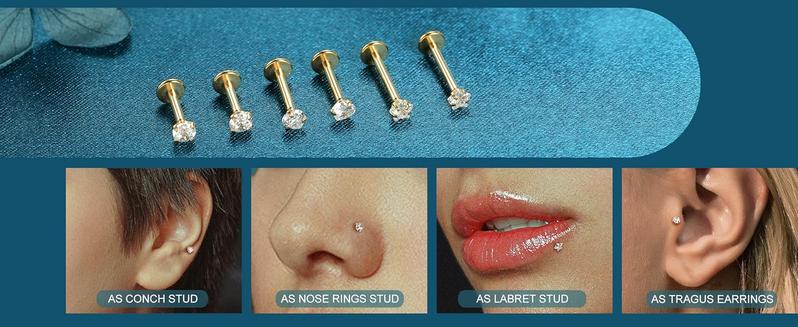 LOLIAS 20G 18G 16G Threadless Nose Studs Rings for Women Men 316L Surgical Steel Push in Flat Back Earrings CZ Lip Labret Nose Rings Studs Cartilage Helix Conch Medusa Nostril Tragus Piercing Jewelry 6mm 8mm 10mm Length