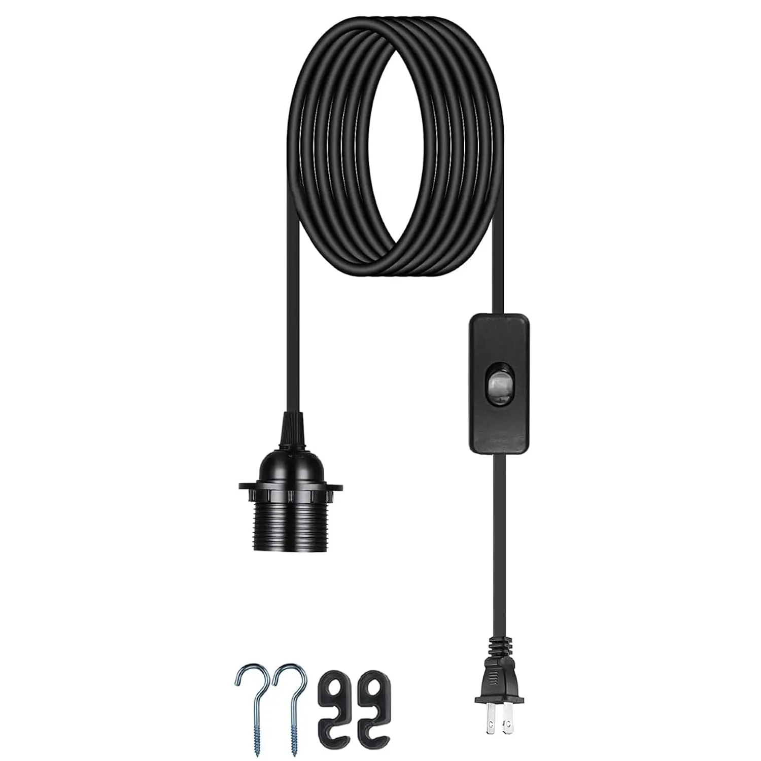 Plug in Pendant Light Cord - 16Ft  Light Kit E26/E27 Light Socket  Lantern Lamp Cord with /Off ,Socket Rings, 1 Pack, Black