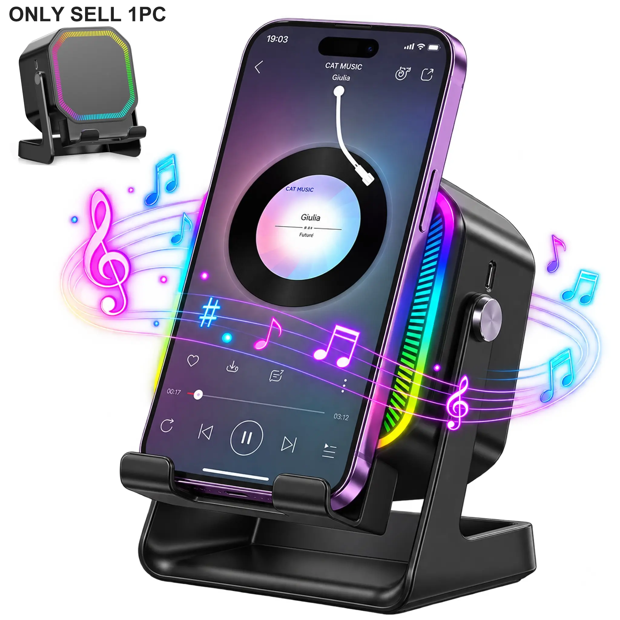 4-in-1 Wireless Induction and Bluetooth-Compatible Speaker with Phone Stand, Stereo Sound, 1500mAh Rechargeable Battery, Multiple RGB Lighting Modes, and 360° Adjustable Holder for iPhone, Android Phones, and iPad, Gift for Men and Women