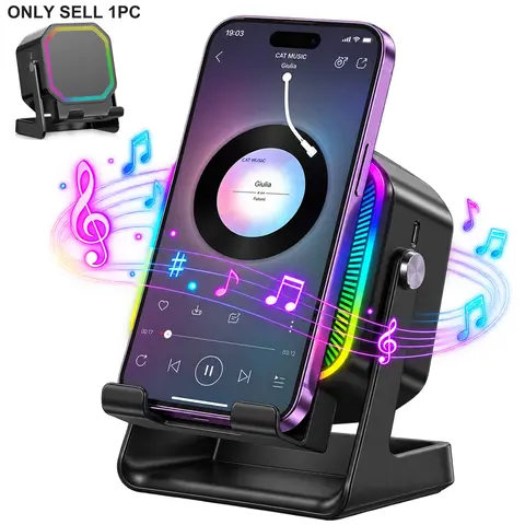 4-in-1 Wireless Induction and Bluetooth-Compatible Speaker with Phone Stand, Stereo Sound, 1500mAh Rechargeable Battery, Multiple RGB Lighting Modes, and 360° Adjustable Holder for iPhone, Android Phones, and iPad, Gift for Men and Women