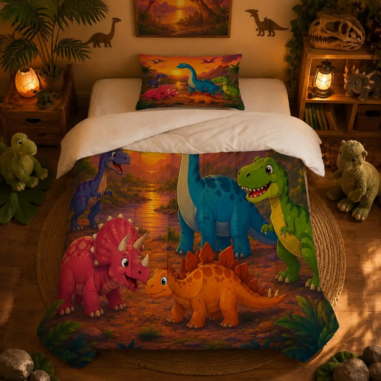 Cartoon Prehistoric Dinosaur Comforter Set, 2/3 Pack (1 Comforter + 1/2 Pillowcases, No Pillow Inserts), Soft Breathable Fabric, Playful Dinosaur Jungle Print, for Teen & Adult Bedrooms, Thoughtful Gift for Boys