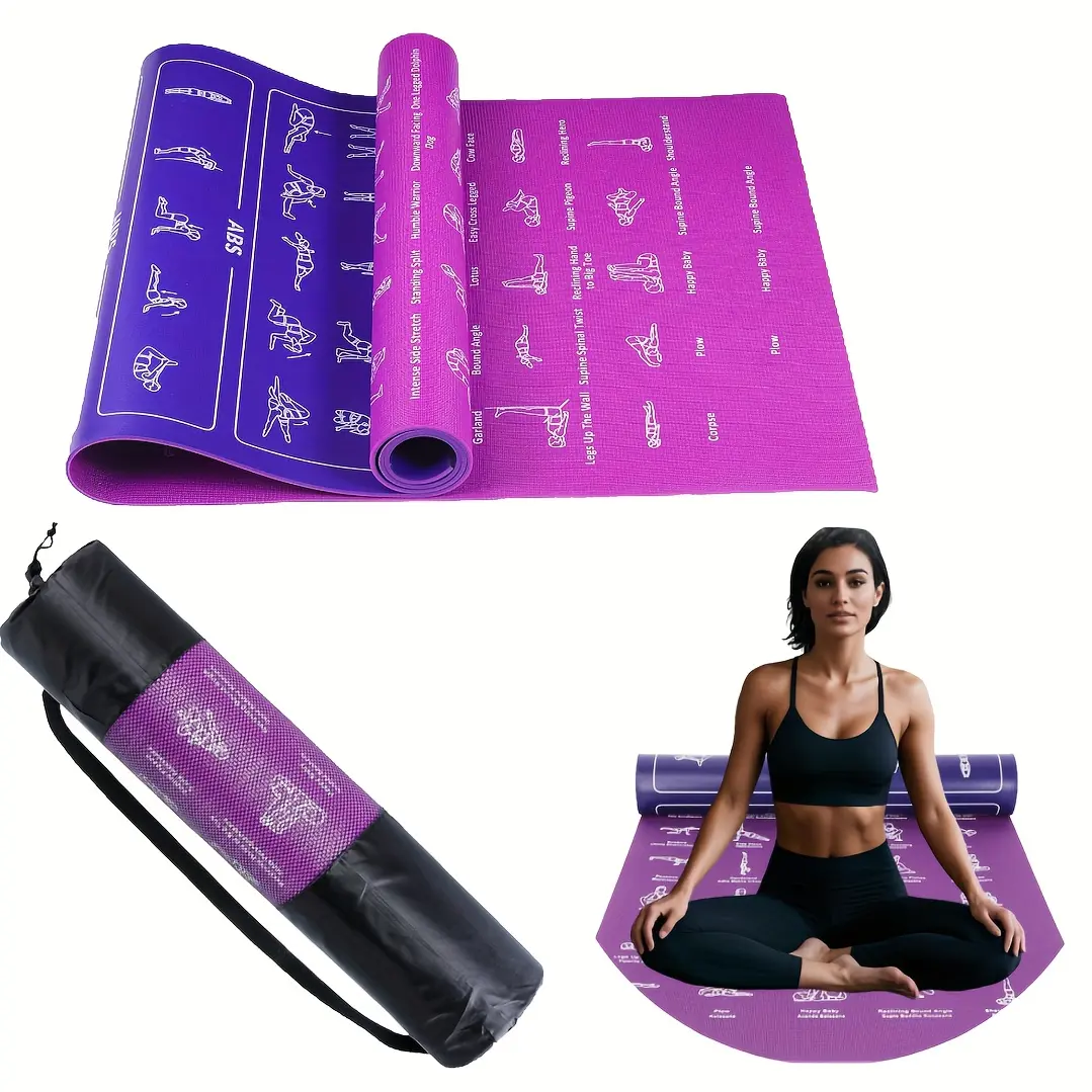 Double-sided Yoga Mat with Yoga Pose Illustrations and Storage Bag - 75 Illustrated Yoga Poses and 75 Stretching Exercises - Unisex Cute Yoga Mat - Non-slip, Extra Thick, Flexible, and Durable Yoga Mat, Suitable for Beginners, Valentine's Day Gift