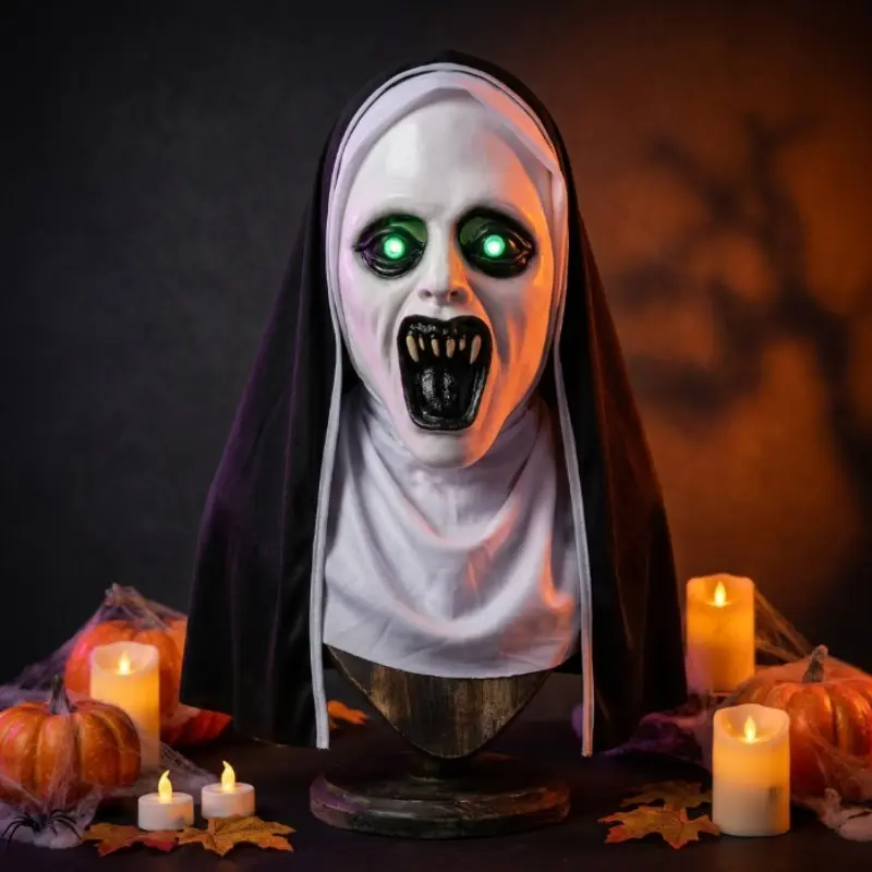 Scary Nun Mask Halloween Cosplay Prop, LED Glowing Eyes, Adults Viral Scare Finds, Perfect for Horror Events & Parties