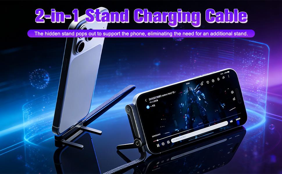 Sideways Phone Charger, 2 in 1 Invisible Holder Charger Cable, 240W Braided Fast Charge Cable with Built-in Phone Stand, 2026 New Foldable Durable USB-C Cord for Phone