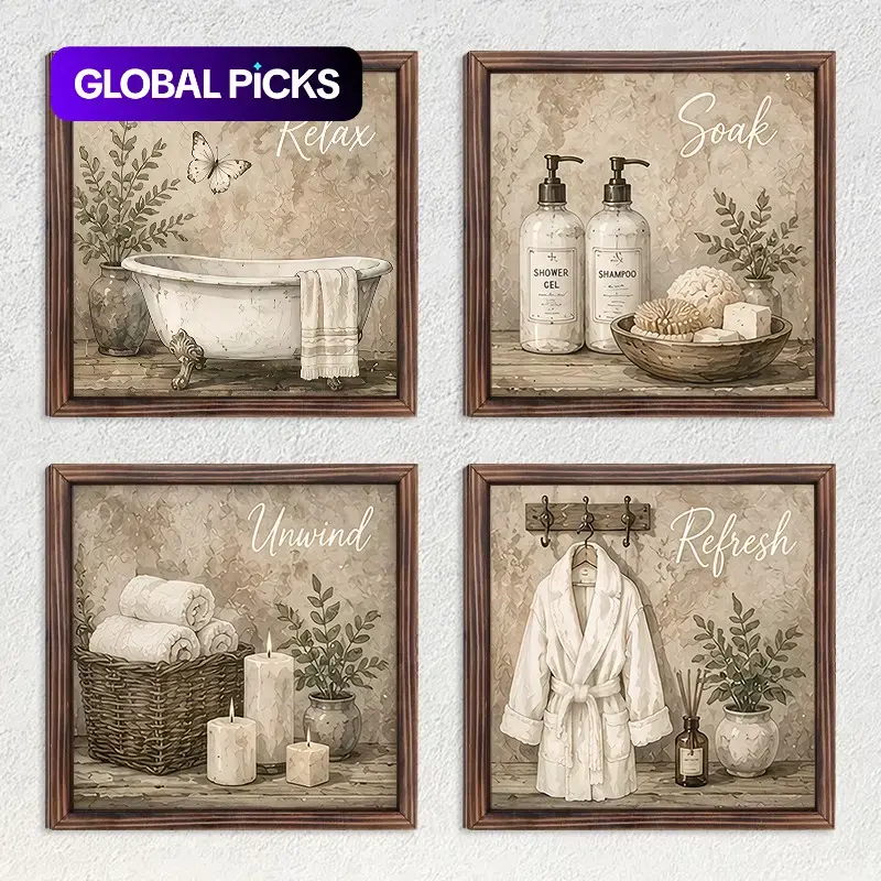 4pcs Vintage Bathroom Wood Wall Art, Relax Soak Hanging Decor, Home Decoration for Bedroom, Living Room, Office, Christmas Gift, No Drilling, Free Tape Included
