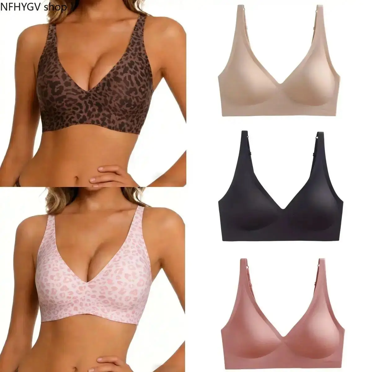 Women’s 5-Pcs Leopard Print Jelly Wireless Bras, Buttery Soft Seamless Full Coverage Deep V T-Shirt Bras, Comfort Push-Up Slimming Lingerie For Daily Wear And Bridal Gift Use