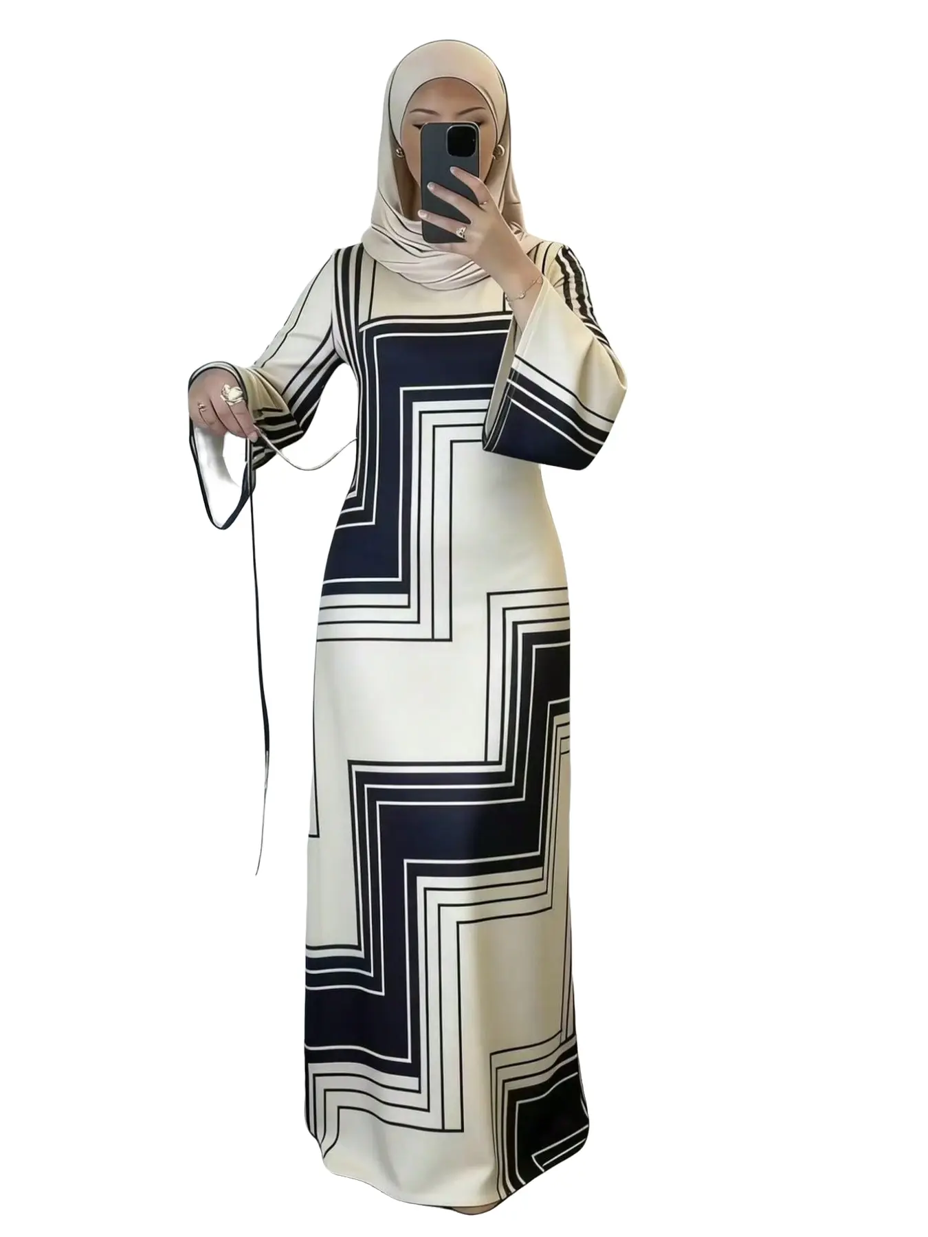 Elegant Long Knit Arabic Dress for Women, Flared Long Sleeves, Round Neck Geometric Print, Stylish and Comfortable Evening Wear