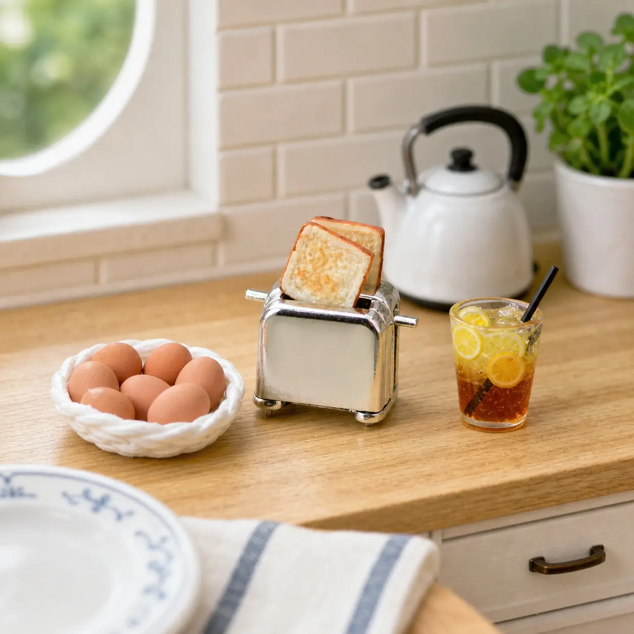 11Pcs Dollhouse Mini Breakfast Kitchen Set Toaster with 2 Bread Slices Drink Cup 6 Eggs and Basket DIY Scene Decor Christmas Easter New Year Gift