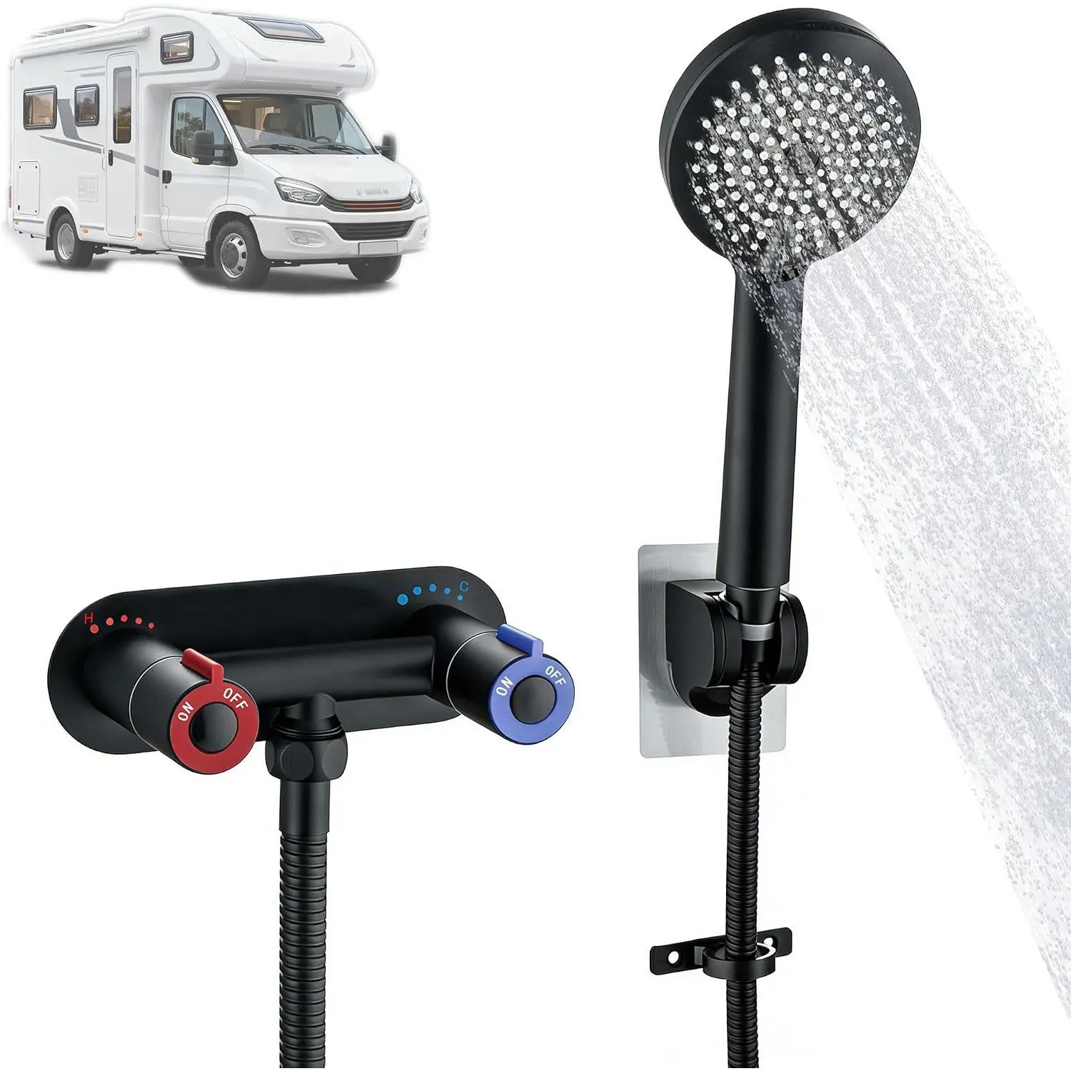 RV Shower Faucet with Hose and , 4" Stainless Steel RV Shower Faucet kit, 5 Settings Handheld Shower for RV Camper Motorhome, Matte Black