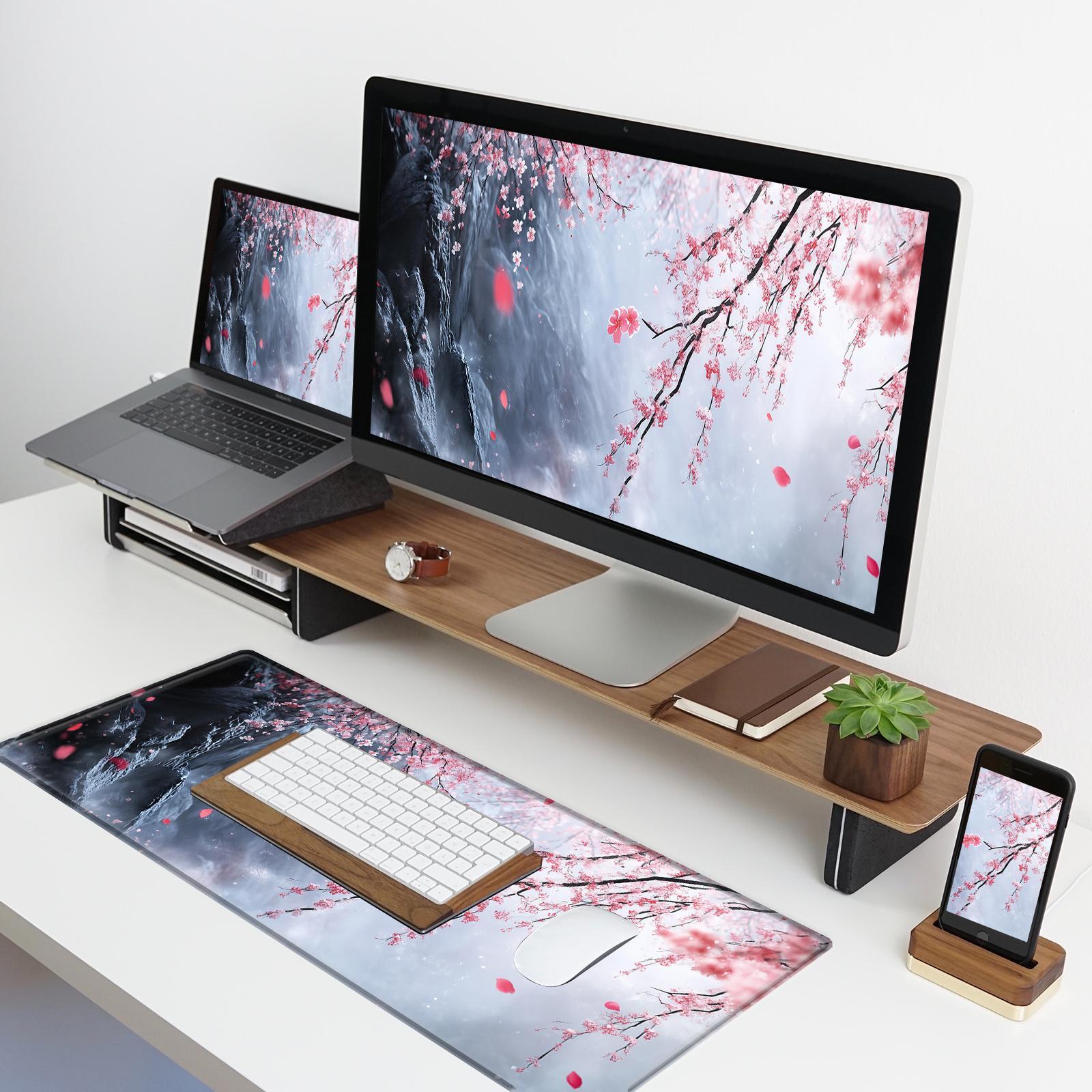 Cherry Blossom Pattern Mouse Pad, 1 Count Extended Large Gaming Mouse Pad, Non-slip Rubber Base Big Keyboard Mat with Stitched Edges for Home Office Gaming Desk Pad