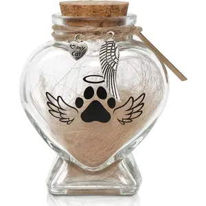 Pet Memorial Gift for Loss of Cat, Heart Shape Glass Jar & Bottle for Fur, Hair, Whiskers or Ashes Keepsake Urn with Cork Top, Charms for Cute Rainbow Bridge Memorial