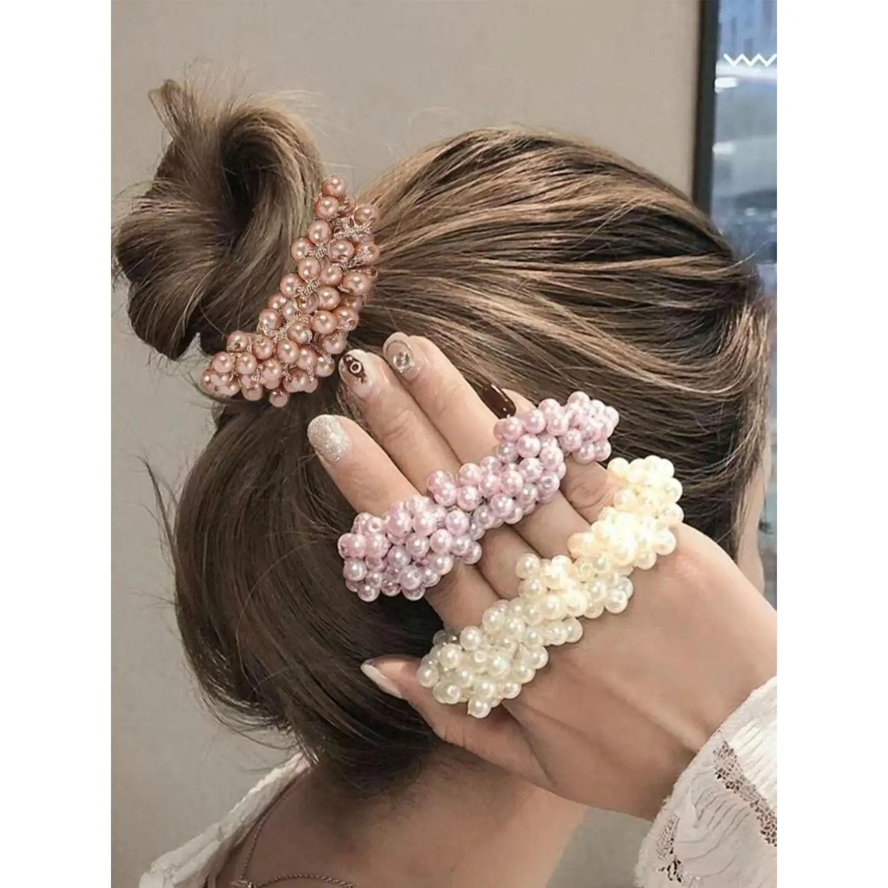Cute Faux Pearl Decorated Hair Scrunchie Set, 3pcs High Stretch Hair Ties for Women & Girls, Minimalist Headwear for Thick Hair, Ponytail Hairstyle, Scrunchies