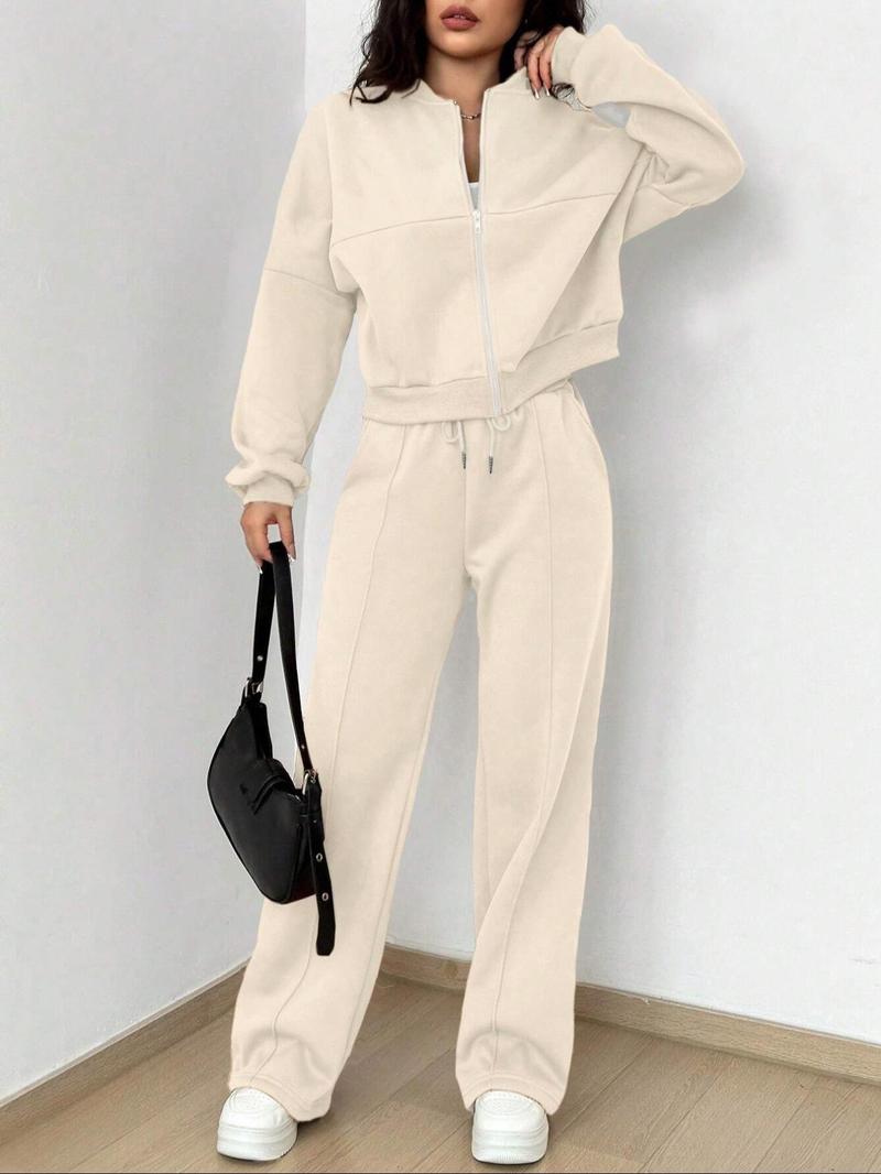 【LovelyWholesale】Women's Casual Striped Long Sleeve Zipper Jacket and Pants Set, Airport Wear, Fitted Natural Waist,Ladies Clothes for All Seasons