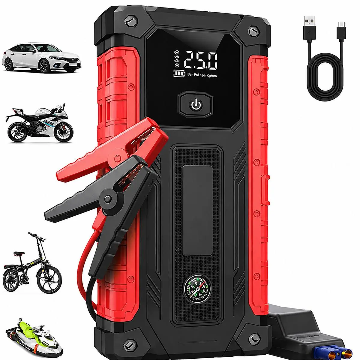 Handheld ABS Plastic Automotive Car Battery Jump Starter for Cars & Motorcycles, Father's Day Emergency Road Tool with LED Flashlight, Dual USB Ports & Compass - US Local Warehouse Fast Shipping, Emergency Aid