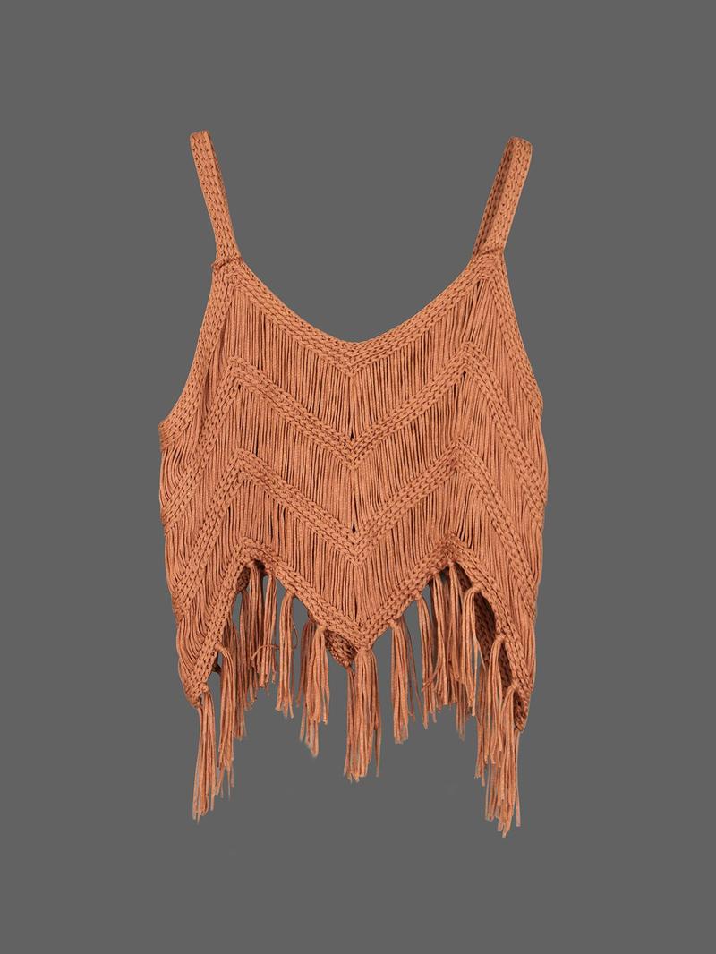 Women's Plain Fringe Trim Cami Top, Casual Fitted Sleeveless Top for Summer, Fashion Women's Knitwear for Daily Wear