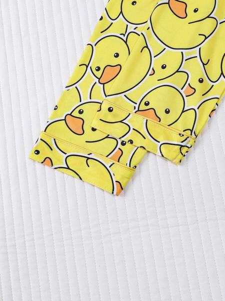 Cute Duck Print Women's Pajama Set, Long Sleeve Shirt Collar Button Soft Top & Loose Elastic Pants Pjs, Casual Home Wear