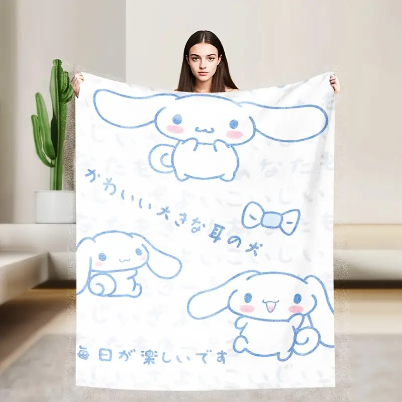 Light Blue Line Cinnamoroll Japanese Text Flannel Throw Blanket Sanrio Cute Cartoon Warm Blanket Gift Girls Fans Collectors All Ages