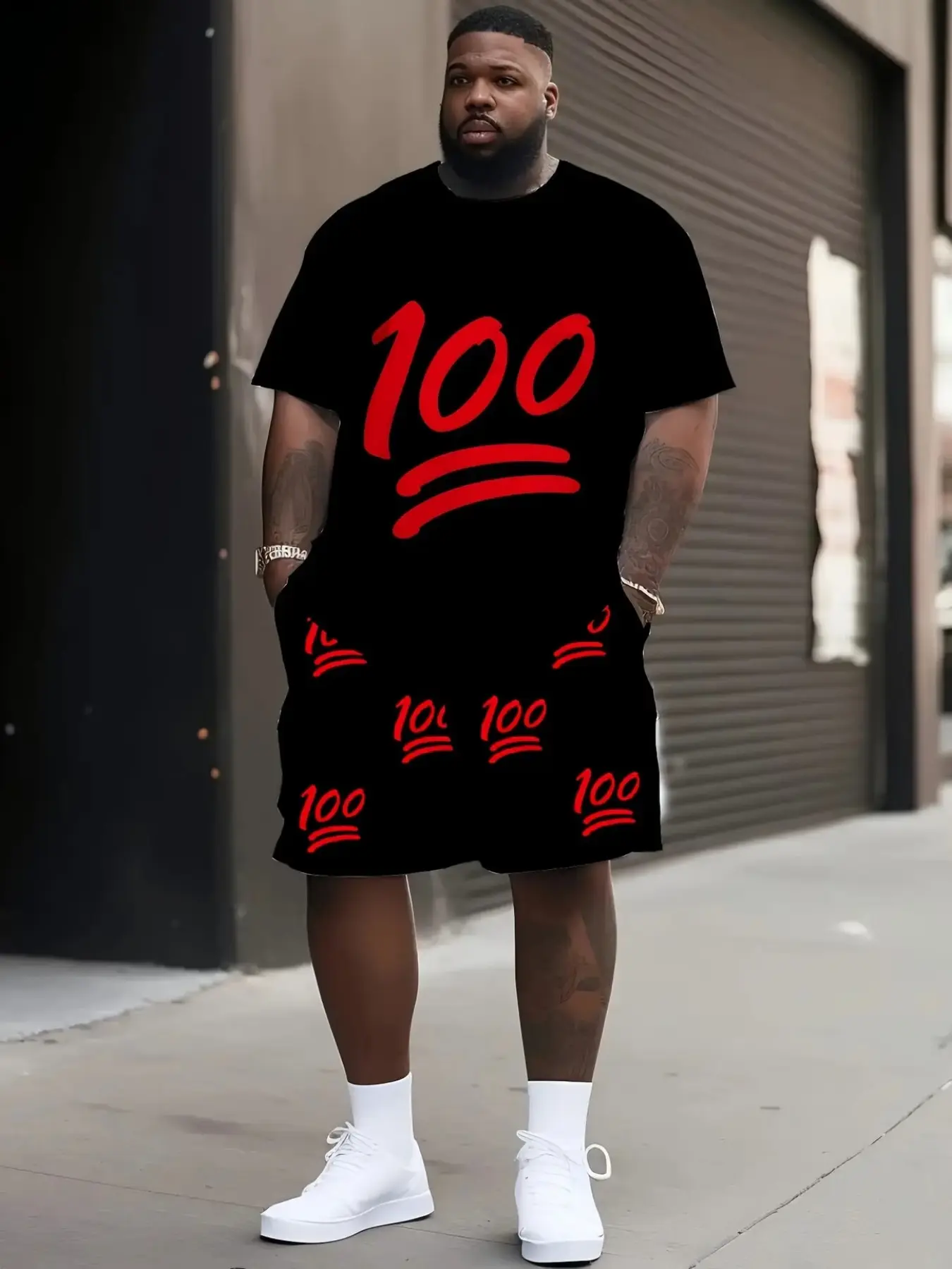 2-Piece Plus Size Men's Casual Fashion Round Neck Short Sleeve Shorts Set, Street Hip Hop Style, Block, Print, Comfortable and Breathable
