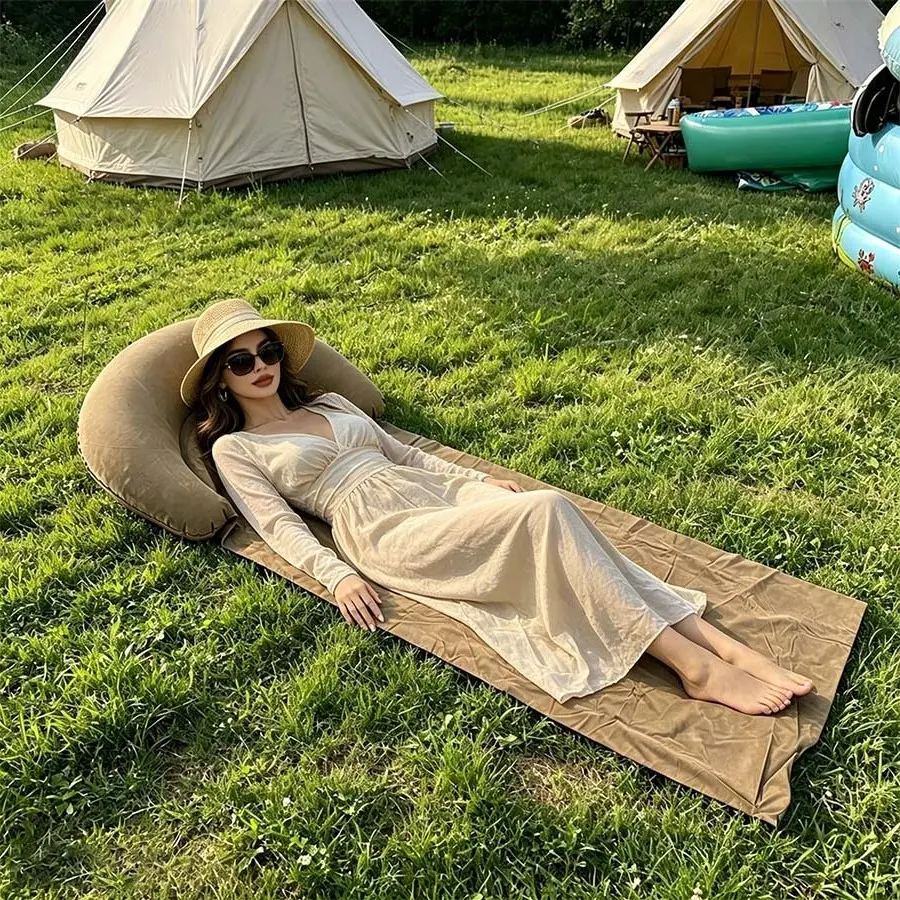 Portable Inflatable Beach Mat with Curved Headrest, Soft Outdoor Sunbed for Beach, Poolside, Camping, and Sunbathing